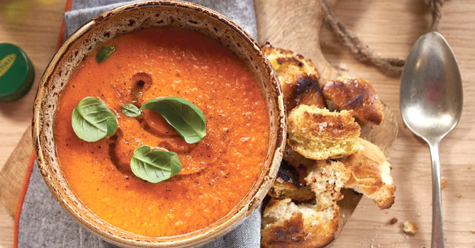 Tomato Soup with Homemade Olive Oil Croutons