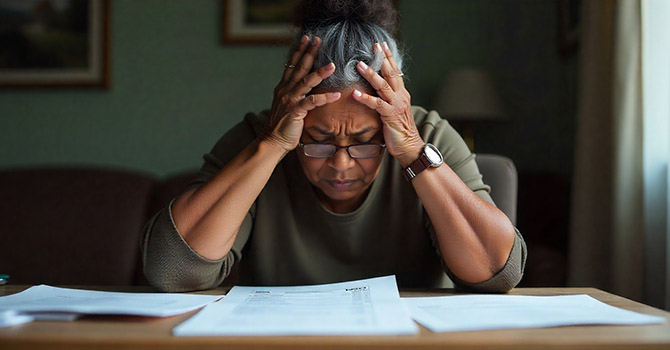 Older woman looking at health bills